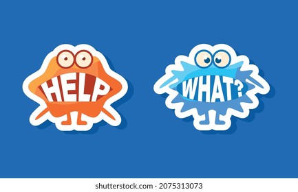 Monster with Words In Mouth Funny Cartoon Character on Blue Background Vector Sticker Set