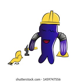 Monster worker in a protective helmet and a hammer in his hand. Blue monster in a helmet with a yellow dove.