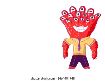 Monster worker in shirt with tie and pants with belt. Cute monster with an empty place with a side for the inscription.