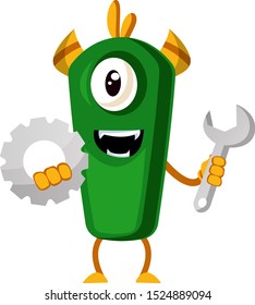 Monster with wrench, illustration, vector on white background.