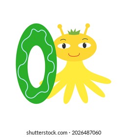 Monster yellow cute funny kind with forelock and festive congratulatory number zero isolated on white background. Design element for a childrens book or postcard. Vector illustration