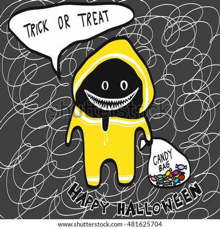 Monster in yellow rain coat with candy bag cartoon illustration