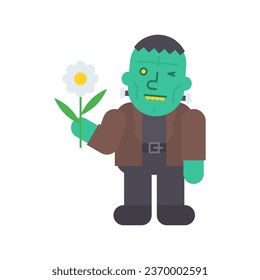 Monster with yellow teeth holding flower and winks. Vector Illustration