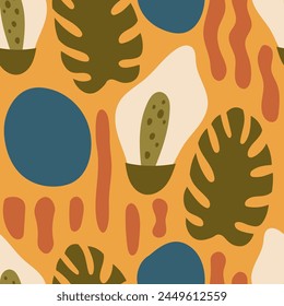 Monstera abstract seamless pattern with flower and leaf. Modern minimal summer background with tropical plant. Repeat vector illustration with blossom and organic shape