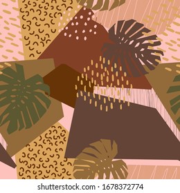 Monstera abstract tropical seamless pattern. Brown and green concept design