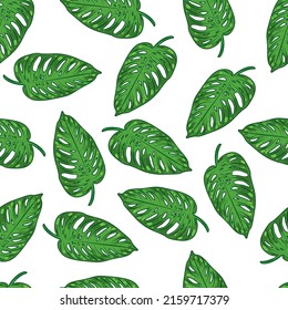 Monstera Adansonii leaves seamless pattern. Monstera obliqua. Tropical leafs background. Botanical textile, wrapping paper, flat, hand-drawn design