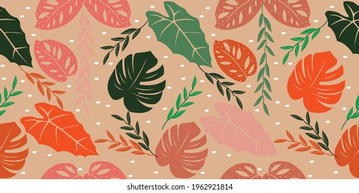 Monstera adansonii plant-shaped seamless pattern on brown background, perfect for wrapping, wallpapers, postcards, greeting cards, fabrics, clothing, wedding invitation