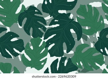 Monstera background design. Monstera leaves green element in creative wallpaper print. Vector illustration wallpaper leaves artwork.
