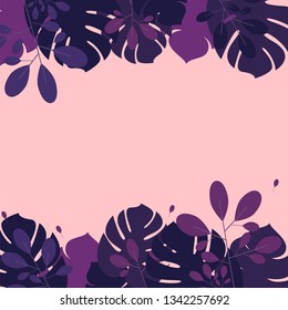 Monstera background Vector illustration Palm leaves in lilac shades on a pink background Design template with copy space