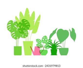 Monstera, Banana Tree, calathea, philodendron, clivia. Interior houseplants composition. Minimalist style vector illustration. For cover, banner, flower store.