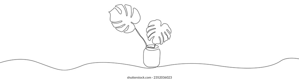 Monstera in a bank line continuous drawing vector. One line Monstera Leaves vector background. Plant Monstera icon. Continuous outline of a Monstera flower pot.