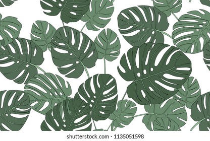 Monstera. Big leaves and exotic flowers composition. Vector illustration. Botanical seamless wallpaper. Digital nature art. Cartoon style sketch. White background.