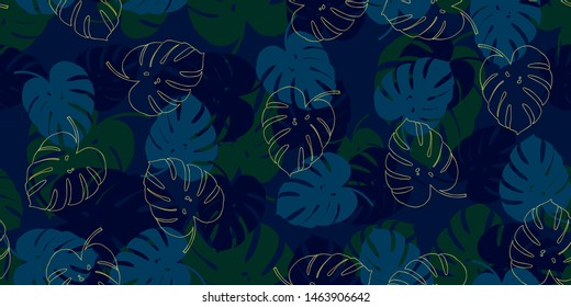 Monstera blue tropical seamless vector pattern background.