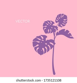 Monstera branch flat color vector background. Pink philodendron twig on violet backdrop. Floral leaves. Tropical summer vacation social media post mock up. Exotic resort web banner template
