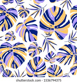 Monstera bright neon leaves on hawaiian beach wallpaper.   Multicolor rainbow hand drawn seamless pattern. Vector illustration isolated on white background.