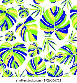 Monstera bright neon leaves on hawaiian beach wallpaper.   Creative green hand drawn seamless pattern. Vector illustration isolated on white background.