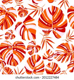 Monstera bright neon leaves on hawaiian beach wallpaper.   Stylish orange hand drawn seamless pattern. Vector illustration isolated on white background.