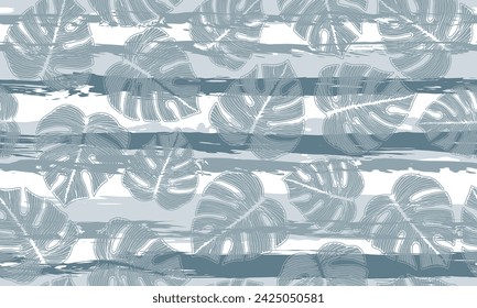 Arbusto de Monstera follaje botánico repetir la relación sobre rayas de fondo. Plantilla de fondo de pantalla de diseño de verano. Hojas de cerimán de selva tropical. Fondo botánico.