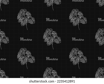 Monstera cartoon character seamless pattern on black background