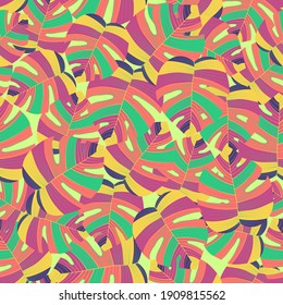 Monstera Colorful Seamless Vintage Graphic Leaves. Monstera Repeated Plant Graphic Leaf. Green Repeated Summer Vector Textile. Vivid Seamless Pattern. Tropical, Pattern,