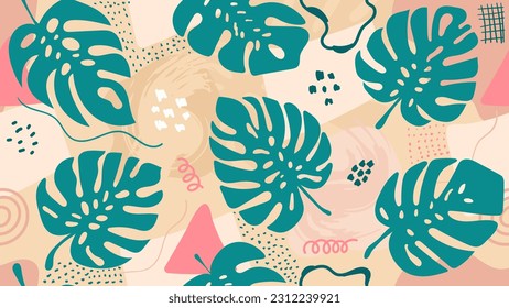Modalidades Contemporáneas Monstera Sin Marea. 
Hojas tropicales de la jungla dibujadas a mano y Aplastamiento de cepillos abstractos.