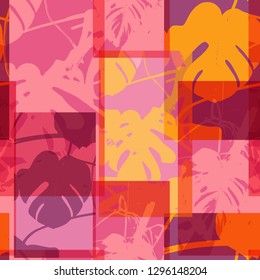 Monstera. Coral seamless vector pattern with tropical flowers.