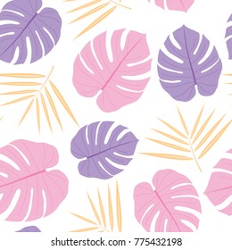 Monstera Date palm seamless pattern vector clean drawing pink purple