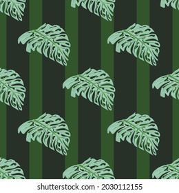 Patrón decorativo monstera sin fisuras con hojas brillantes azules impresas. Fondo de rayas verdes. Ilustración vectorial para impresiones textiles estacionales, tela, carteles, telas de fondo y papel pintado.