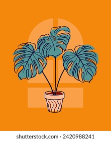 Monstera delicata o atractiva, gran vid, Araceae. Planta exótica en una olla. Floricultura en casa, plantas en casa, hobby. Ilustración vectorial botánica en estilo de esbozo dibujado a mano. Ilustraciones de esquema.