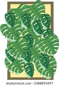 monstera deliciosa and monstera adansonii pattern with wood frame