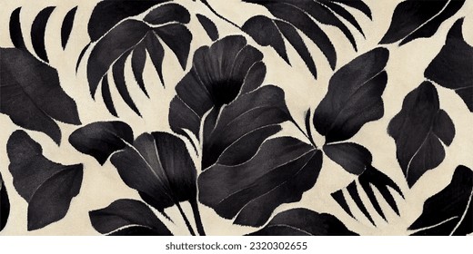 Monstera Deliciosa black flower ikat tribal boho tie die colors flower seamless wallpaper. Motif ethnic handmade beautiful Ikat art. Ethnic abstract floral pink background art. 