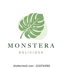 Monstera deliciosa leaf logo. Tropical summer split-leaf plant icon. Exotic Swiss cheese plant symbol. Natural cosmetic nature brand emblem. Vector illustration.