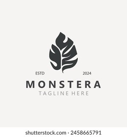 Monstera deliciosa hoja de diseño de logotipo de la naturaleza, ilustración de diseño de icono de planta plana