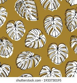 Monstera Deliciosa Leaf Seamless Pattern. Perfect For Textile, Fabric, Background, Print