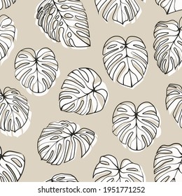 Monstera Deliciosa Leaf Seamless Pattern. Perfect for Textile, Fabric, Background, Print