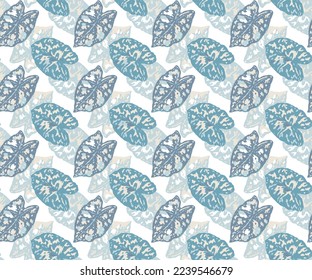 Monstera Deliciosa Leaf Seamless Pattern. Perfect for Textile, Fabric, Background, Print on blue tropical leaf.