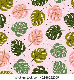 Monstera Deliciosa leaf seamless vector pattern. Bright tropical plant with veins. Flat cartoon backdrop, simple illustration on white background. Colorful botanical elements, polka dots