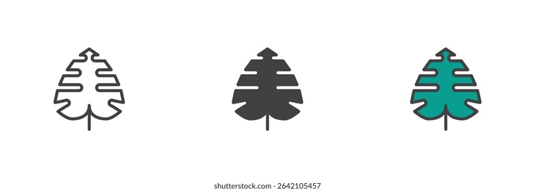 Monstera deliciosa leaf with signature cuts shown in line, solid and filled outline icon styles. Tropical plant symbol in a stylish vector icon set
