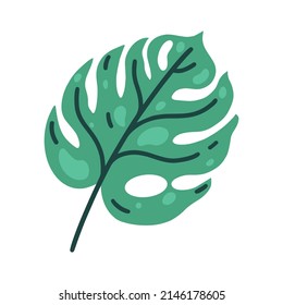 Monstera Deliciosa leaf vector icon. Green tropical plant with spots, veins. Flat cartoon clipart, simple illustration isolated on white background. Botanical element for decoration, design