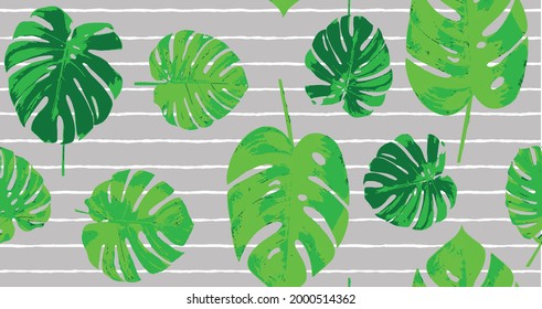 Monstera Deliciosa plant leaf from tropical forests isolated on stripe background seamless pattern Modern exotic design for paper, cover, fabric, interior decor and other users.