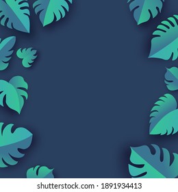 Monstera Deliciosa Plant Leaves paper cut style. Tropical jungle, botanical nature. Spring and summer time. Homeplant. Space for text. Vector.