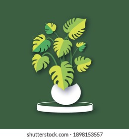 Monstera Deliciosa Plant Leaves paper cut style. Tropical jungle, botanical nature. Spring and summer time. Homeplant.