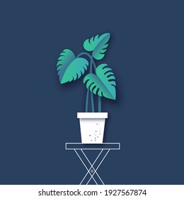 Monstera Deliciosa Plant Leaves paper cut style. Tropical jungle, botanical nature. Spring and summer time. Homeplant.
