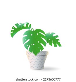 Planta de Monstera Deliciosa en maceta de cerámica con motivos. Concepto de tarjetas de felicitación, diseño web. Ilustración vectorial de la planta tropical de Monstera Deliciosa. Fondo blanco aislado.