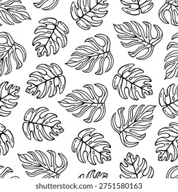 Monstera deliciosa seamless vector pattern. Leaves of a tropical liana with veins. Botanical background, black and white drawing. Exotic houseplant, rainforest plant. Hand drawn floral ornament
