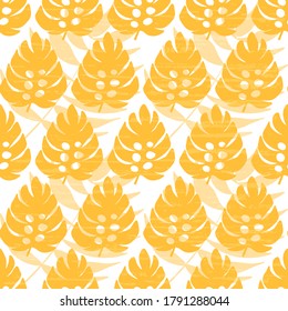 Monstera deliciosa. Tropical  design. Bright sunny background. Seamless vector pattern with bright orange and yellow monstera leaves.