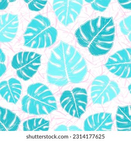 Monstera exotic foliage botanical seamless pattern over noisy background. Modern fabric print vector design. Fresh monstera leaves. Jungle backdrop.
