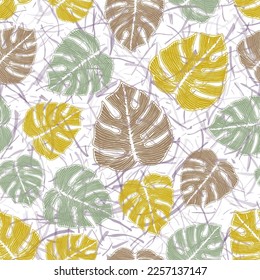 Monstera exotic leaves botanical repeat pattern over noisy background. Grunge fabric sample summer design. Hawaiian philodendron foliage. Botanical backdrop.