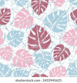Monstera exotic leaves botanical seamless pattern over noisy background. Modern fabric print summer design. Nature ceriman foliage. Floral wrapping paper.
