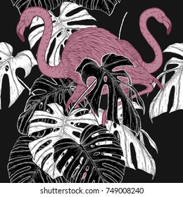 Monstera with flamingo pattern by hand drawing.Monstera vector seamless on vintage background.Vector leaves art highly detailed in line art style.Monstera is plant of tropical.